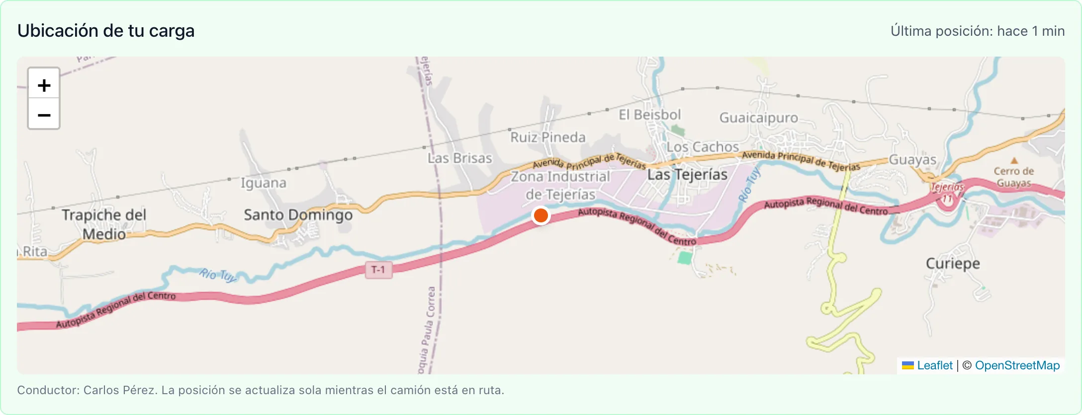 Mapa de rastreo en vivo de una carga de Transporte Mundial visto desde el enlace de la factura, con la posición del camión en la Autopista Regional del Centro